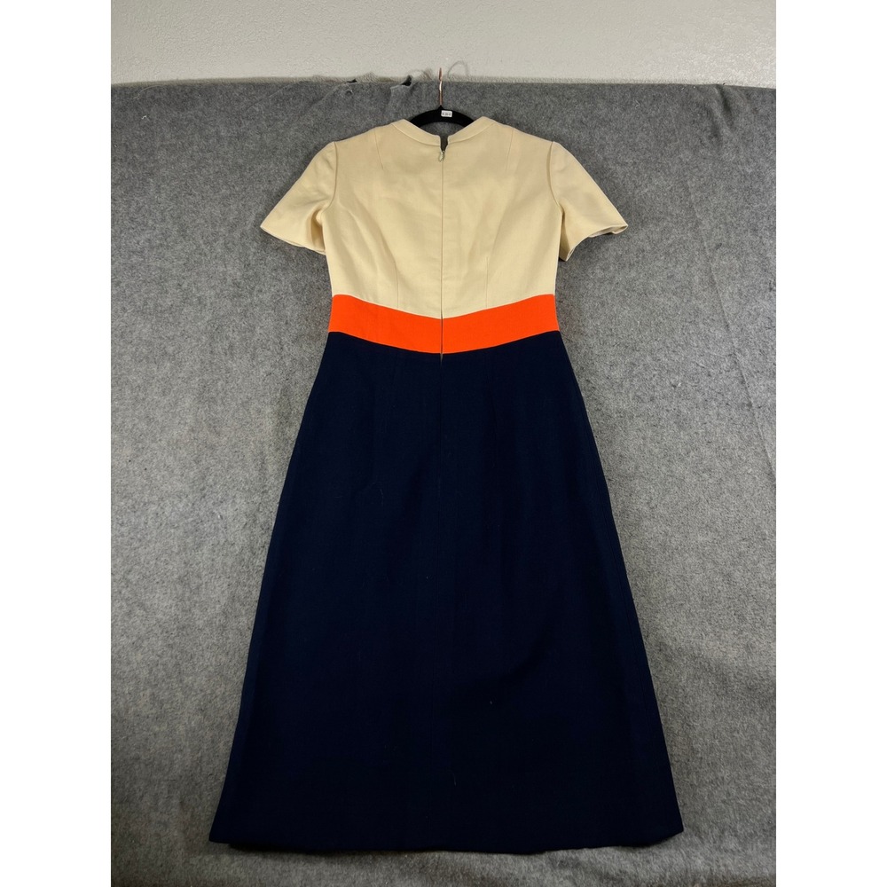 VTG 60s Mollie Parnis Dress Women XS Cream Blue Colorblock Midi Short Sleeve 70s - Picture 2 of 6